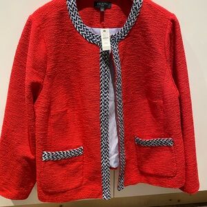 Talbots Red Bouclé Open-Front Jacket with Navy Trim